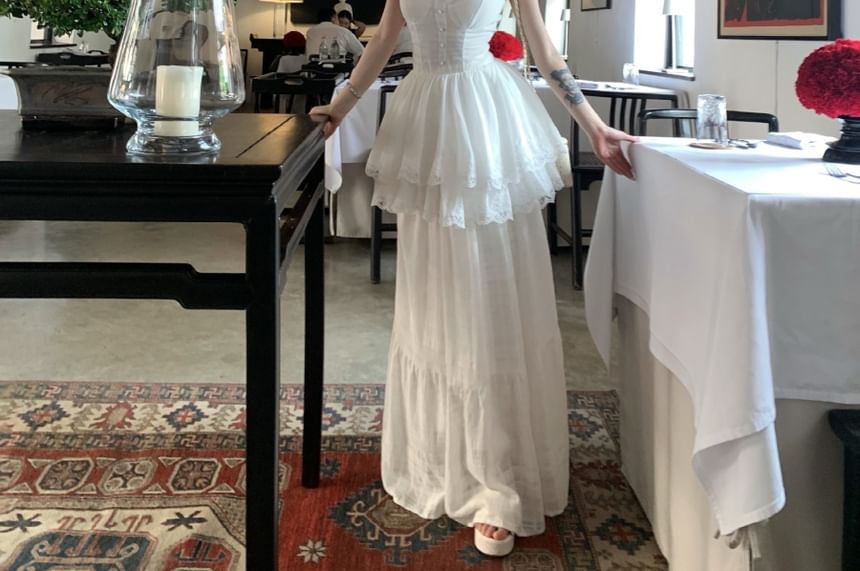 Camisole Peplum / Plain Skirt High Trim Maxi Top Lace Waist A-Line