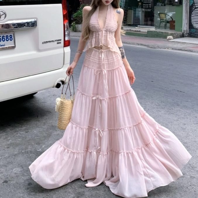 Rise Cropped V-Neck + A-Line Skirt Halter Plain Top Asymmetrical Maxi Set: Low