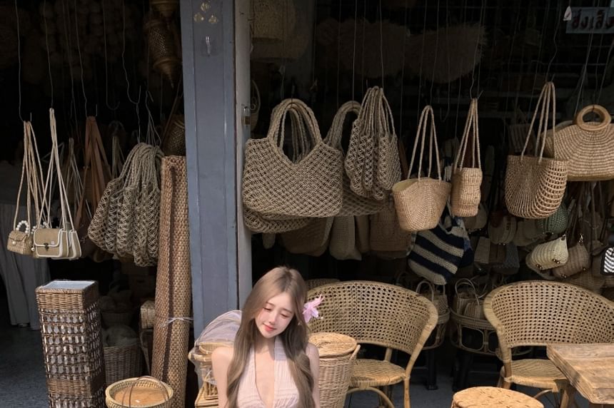 Rise Cropped V-Neck + A-Line Skirt Halter Plain Top Asymmetrical Maxi Set: Low