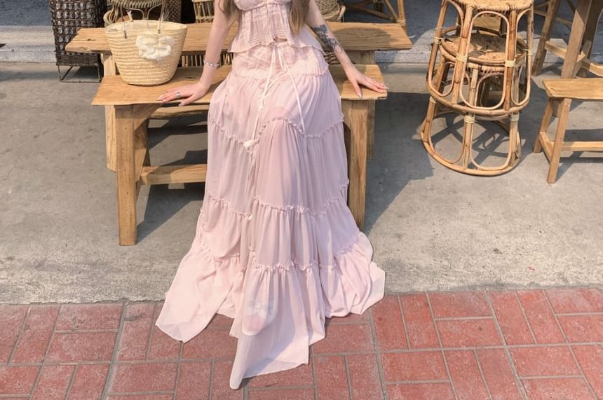 Rise Cropped V-Neck + A-Line Skirt Halter Plain Top Asymmetrical Maxi Set: Low