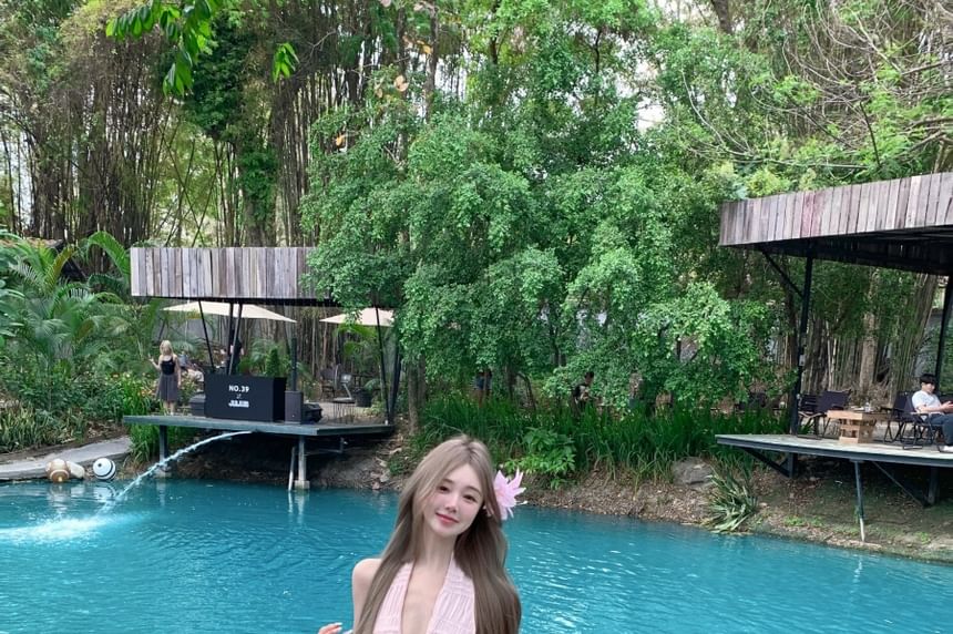 Rise Cropped V-Neck + A-Line Skirt Halter Plain Top Asymmetrical Maxi Set: Low