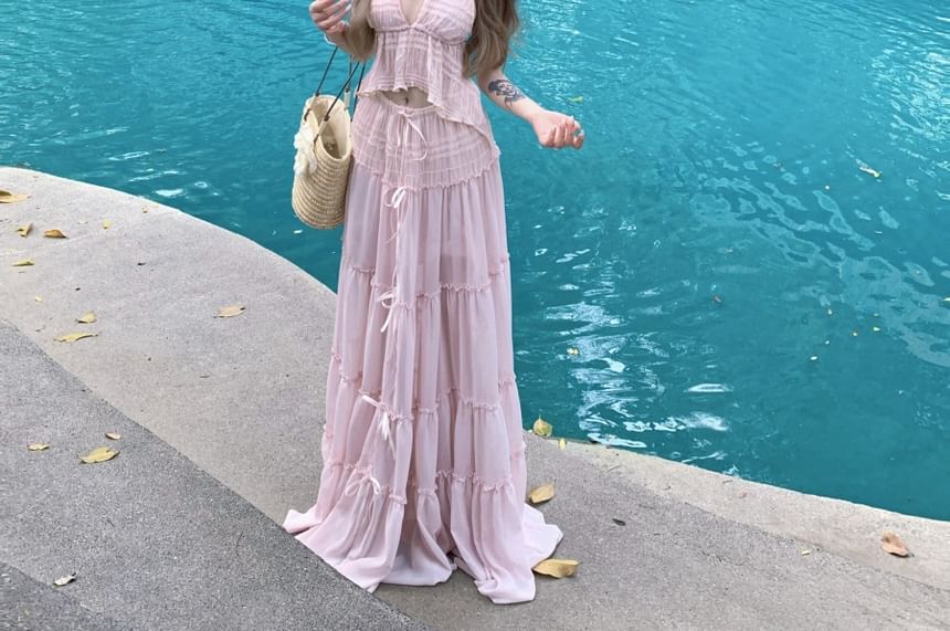 Rise Cropped V-Neck + A-Line Skirt Halter Plain Top Asymmetrical Maxi Set: Low