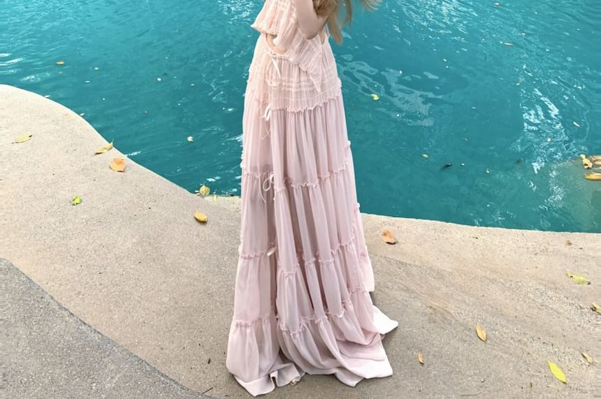 Rise Cropped V-Neck + A-Line Skirt Halter Plain Top Asymmetrical Maxi Set: Low