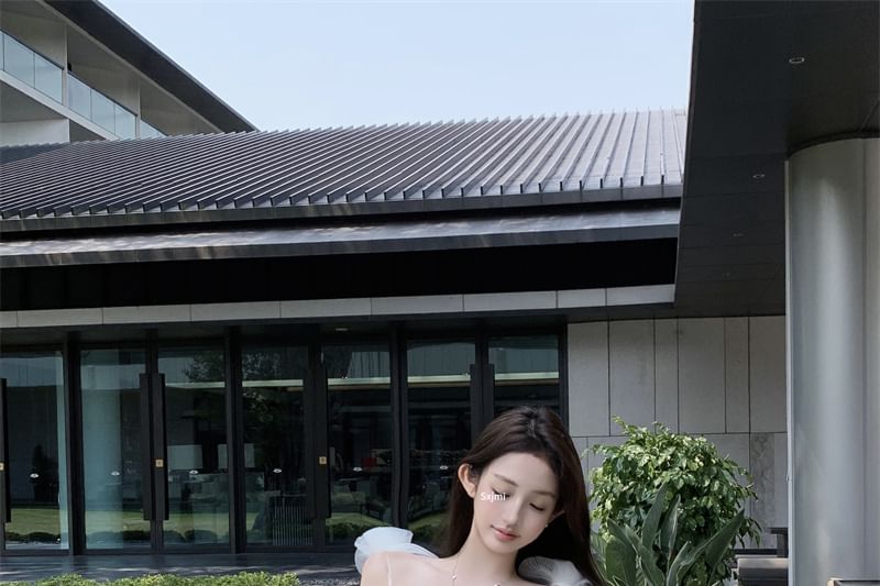 Mesh Detail Spaghetti Plain Mini Flower Sundress Strap