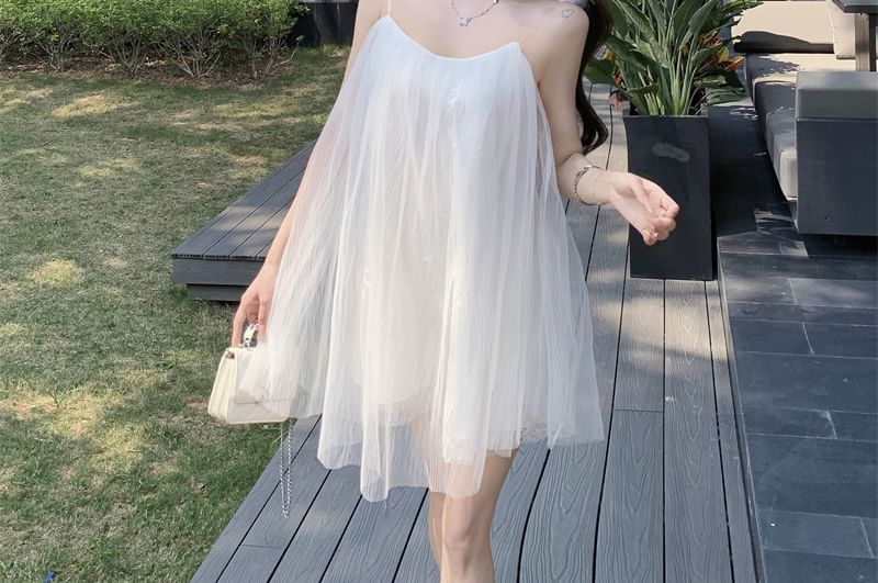 Mesh Detail Spaghetti Plain Mini Flower Sundress Strap