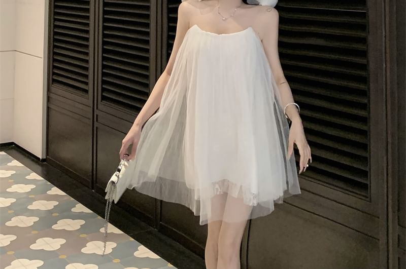 Mesh Detail Spaghetti Plain Mini Flower Sundress Strap