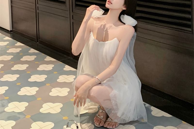 Mesh Detail Spaghetti Plain Mini Flower Sundress Strap