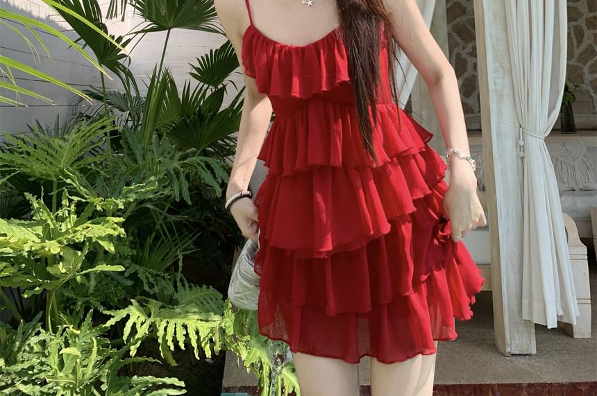 Sundress Spaghetti Mini Plain Ruffle Strap