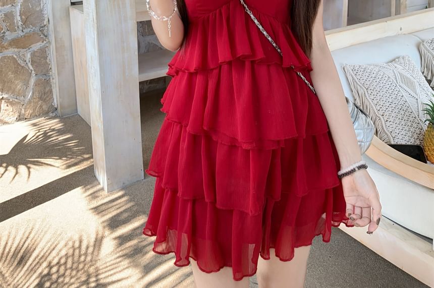 Sundress Spaghetti Mini Plain Ruffle Strap