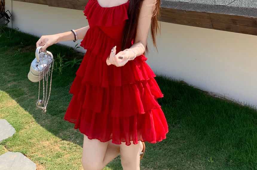 Sundress Spaghetti Mini Plain Ruffle Strap