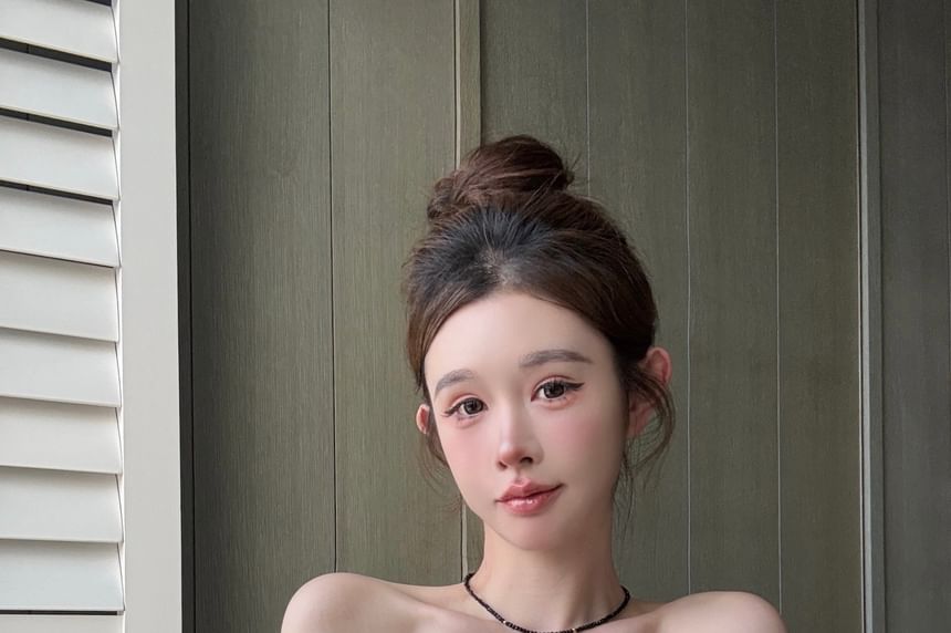 Rhinestone Plain Off-Shoulder Blouse Puff-Sleeve Bow