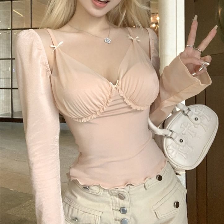 Plain V-Neck Edge Two-Piece Mesh Lettuce Panel Long-Sleeve T-Shirt Mock