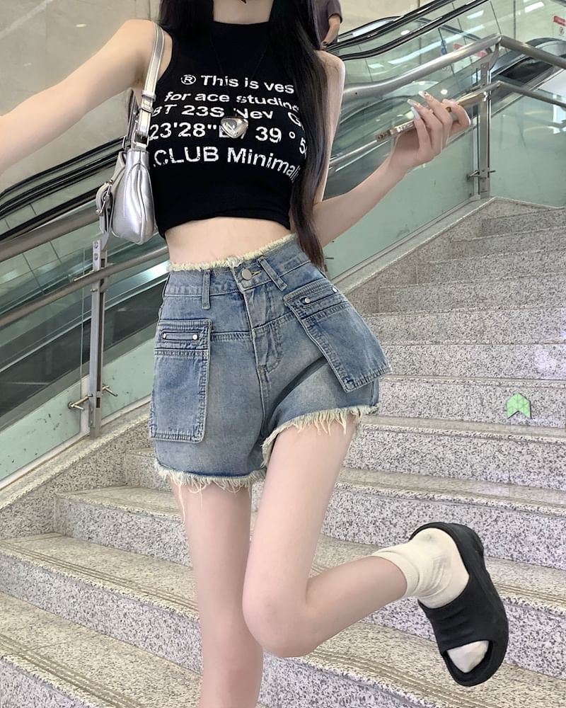 Trim Washed High Hot Fringed Denim Pants Waist