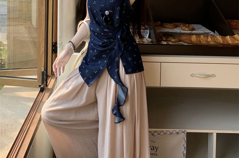 High Pants Rise / Floral Asymmetrical Wide Leg Tank Plain Top
