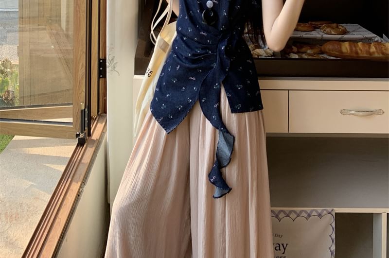 High Pants Rise / Floral Asymmetrical Wide Leg Tank Plain Top