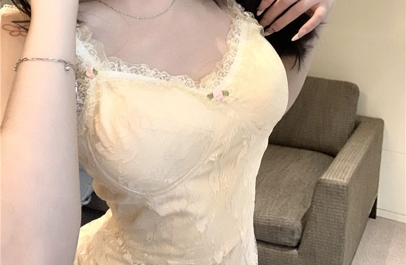 Spaghetti Lace Mini Floral Strap Bodycon Dress