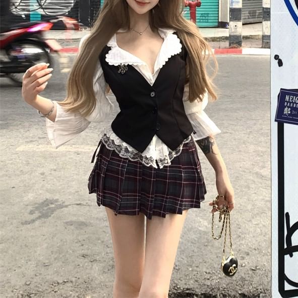 / Skirt Blouse Plain Waist Plaid Button-Up Lace Trim A-Line Top Mini High Cami Striped Puff-Sleeve Pleated