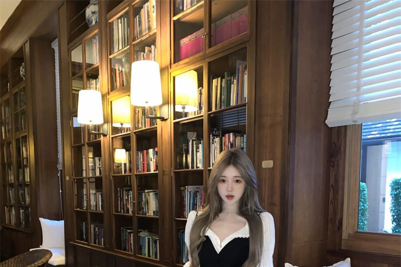 / Skirt Blouse Plain Waist Plaid Button-Up Lace Trim A-Line Top Mini High Cami Striped Puff-Sleeve Pleated