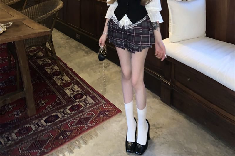 / Skirt Blouse Plain Waist Plaid Button-Up Lace Trim A-Line Top Mini High Cami Striped Puff-Sleeve Pleated