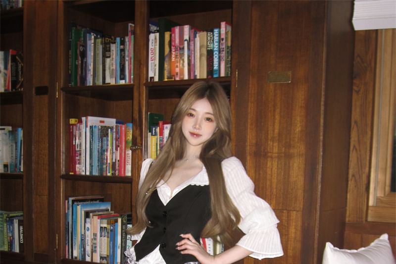 / Skirt Blouse Plain Waist Plaid Button-Up Lace Trim A-Line Top Mini High Cami Striped Puff-Sleeve Pleated