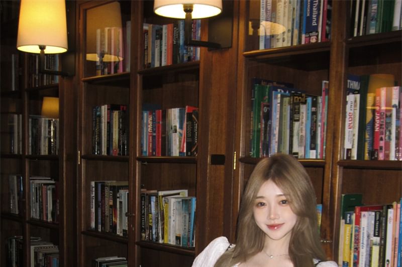 / Skirt Blouse Plain Waist Plaid Button-Up Lace Trim A-Line Top Mini High Cami Striped Puff-Sleeve Pleated