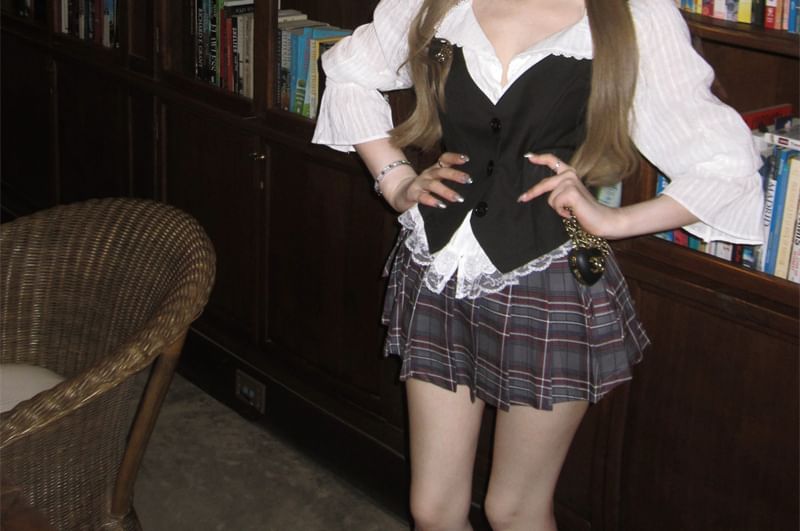 / Skirt Blouse Plain Waist Plaid Button-Up Lace Trim A-Line Top Mini High Cami Striped Puff-Sleeve Pleated