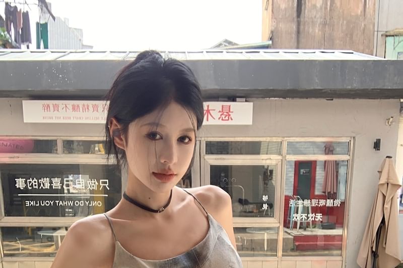 Waist Leg Scoop Dye Pants / Tie Neck Cropped Top Camisole Wide Drawstring