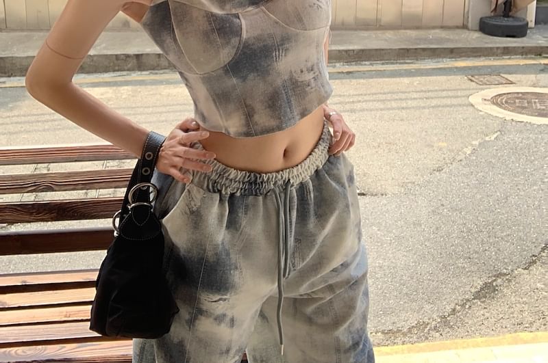 Waist Leg Scoop Dye Pants / Tie Neck Cropped Top Camisole Wide Drawstring