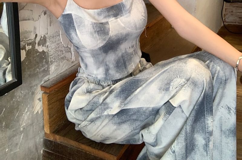 Waist Leg Scoop Dye Pants / Tie Neck Cropped Top Camisole Wide Drawstring