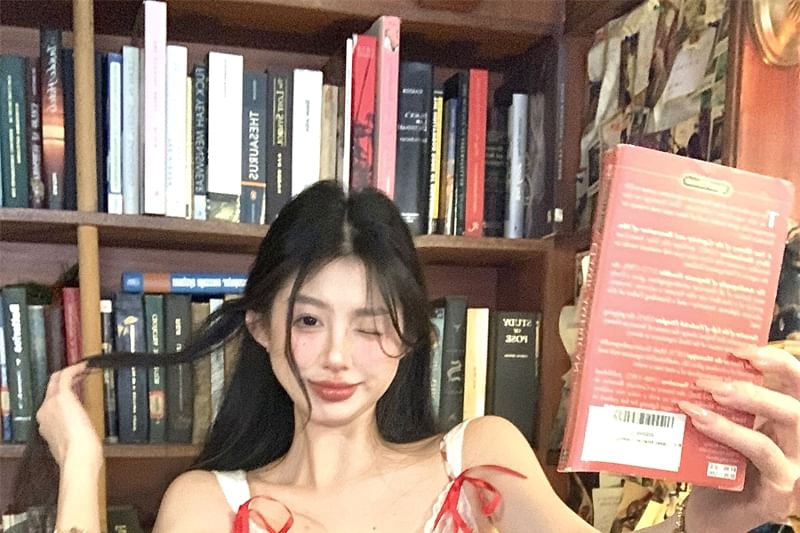 Strap Bow Mini Dress Spaghetti Plaid Trim Lace Bodycon