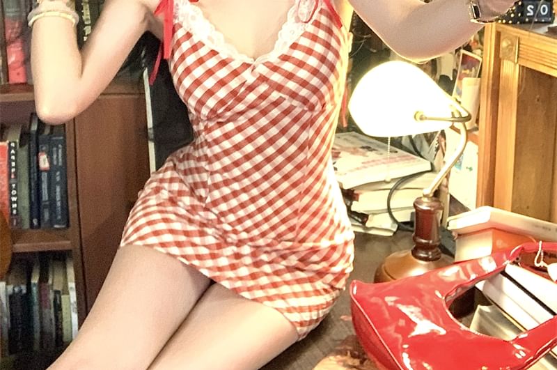Strap Bow Mini Dress Spaghetti Plaid Trim Lace Bodycon