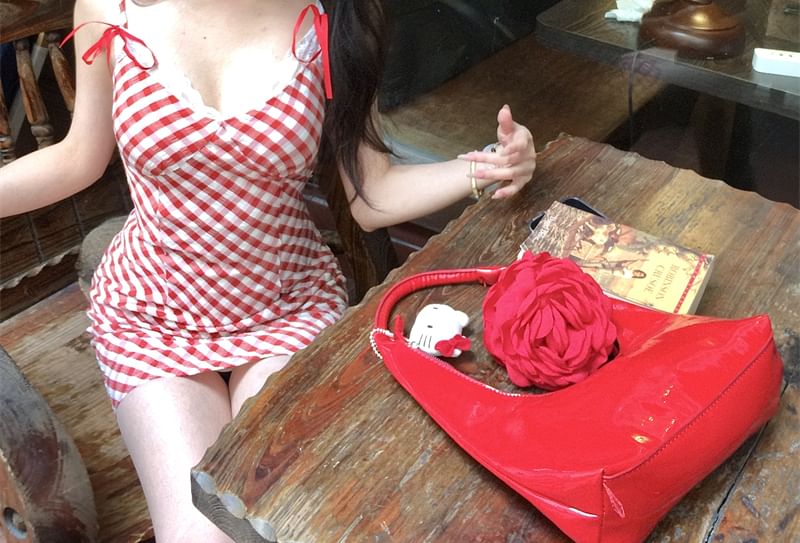 Strap Bow Mini Dress Spaghetti Plaid Trim Lace Bodycon