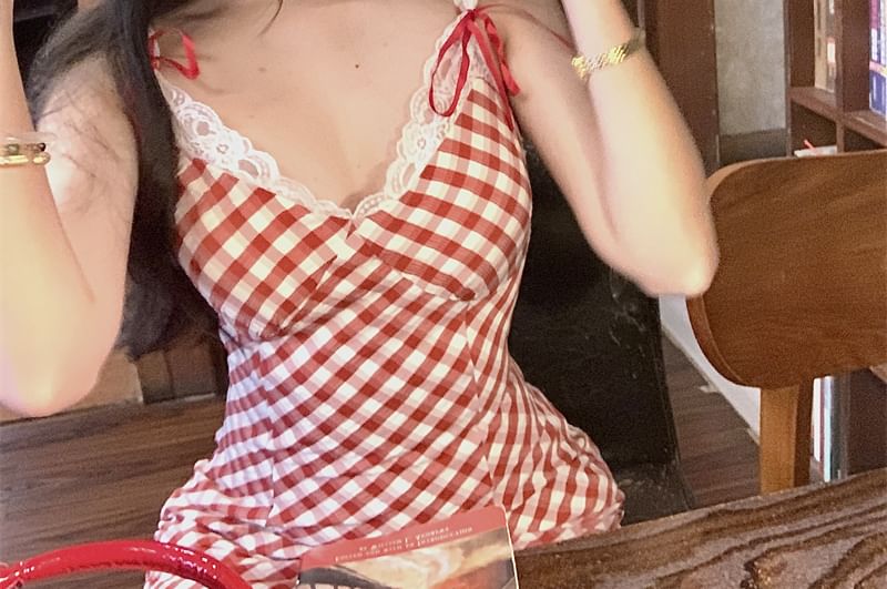 Strap Bow Mini Dress Spaghetti Plaid Trim Lace Bodycon