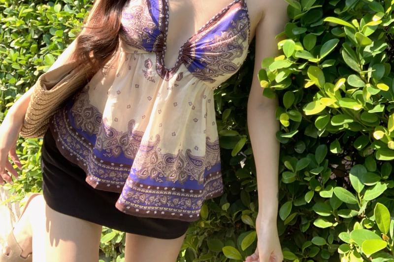Camisole Print Top Paisley V-Neck Peplum