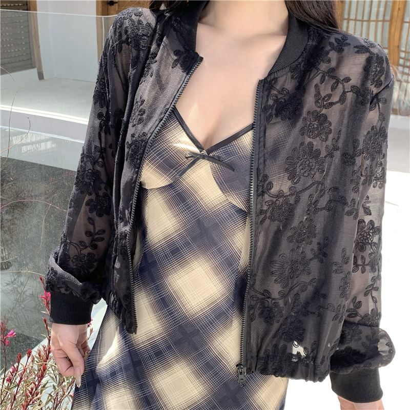 Sheer Zip Embroidered Jacket Flower