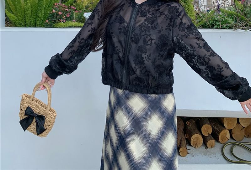 Sheer Zip Embroidered Jacket Flower