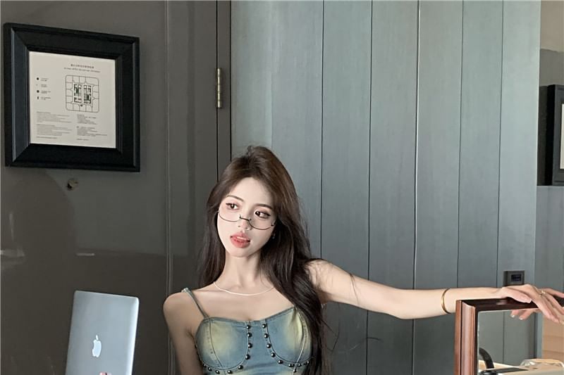 Denim Studded Skirt Washed Top Cami / Rise Asymmetrical Mini Plain A-Line High