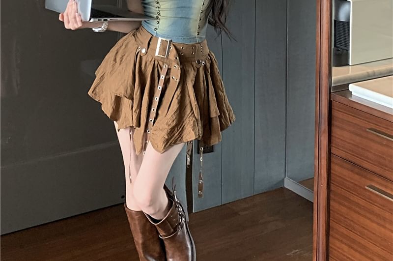 Denim Studded Skirt Washed Top Cami / Rise Asymmetrical Mini Plain A-Line High