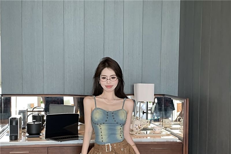 Denim Studded Skirt Washed Top Cami / Rise Asymmetrical Mini Plain A-Line High