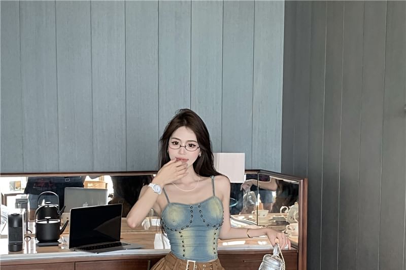 Denim Studded Skirt Washed Top Cami / Rise Asymmetrical Mini Plain A-Line High