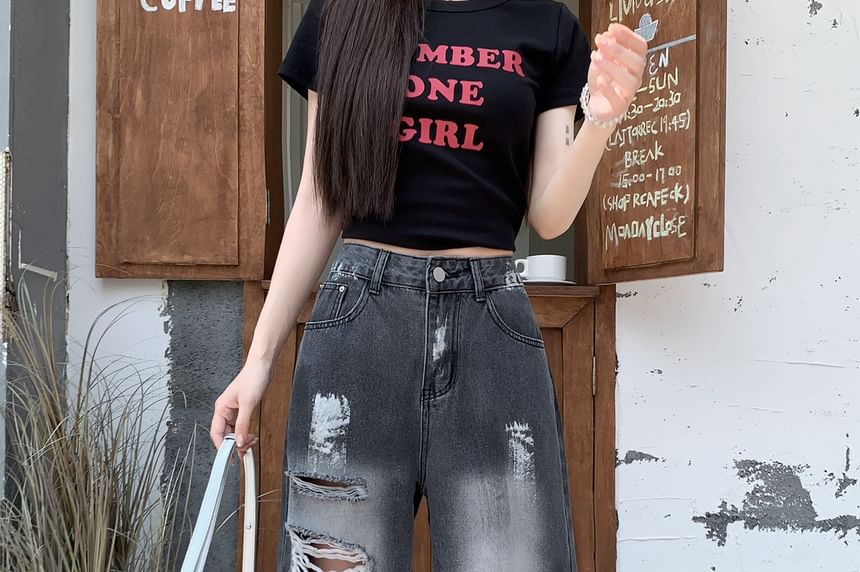 Jeans Wide Washed Print High Leg Splash Distressed Waist