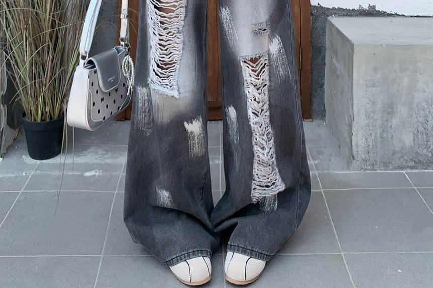 Jeans Wide Washed Print High Leg Splash Distressed Waist