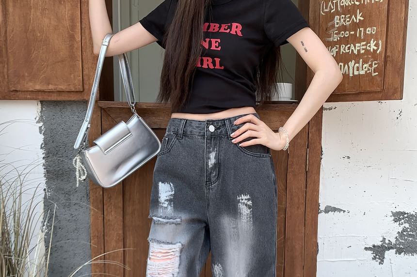 Jeans Wide Washed Print High Leg Splash Distressed Waist