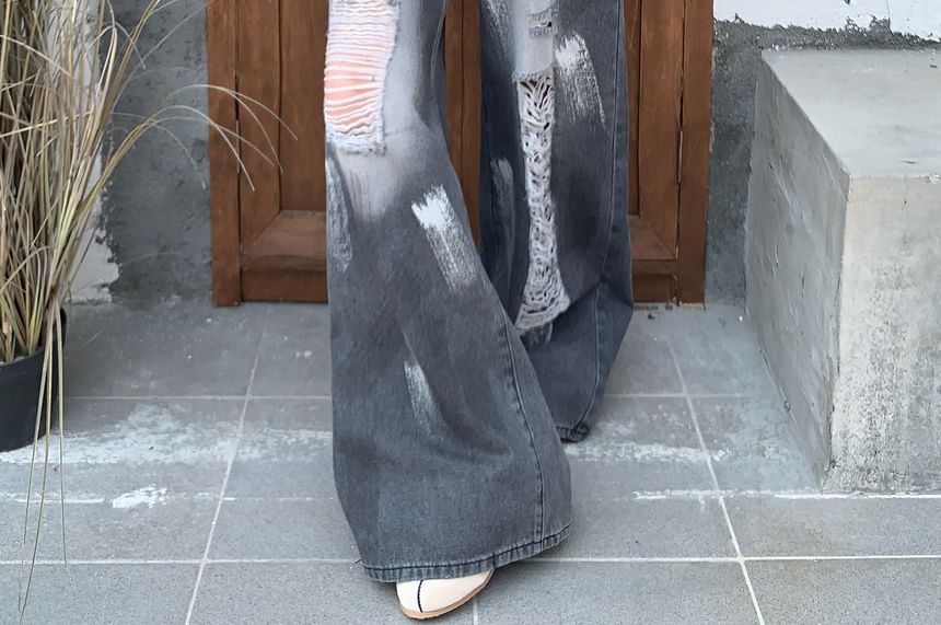 Jeans Wide Washed Print High Leg Splash Distressed Waist