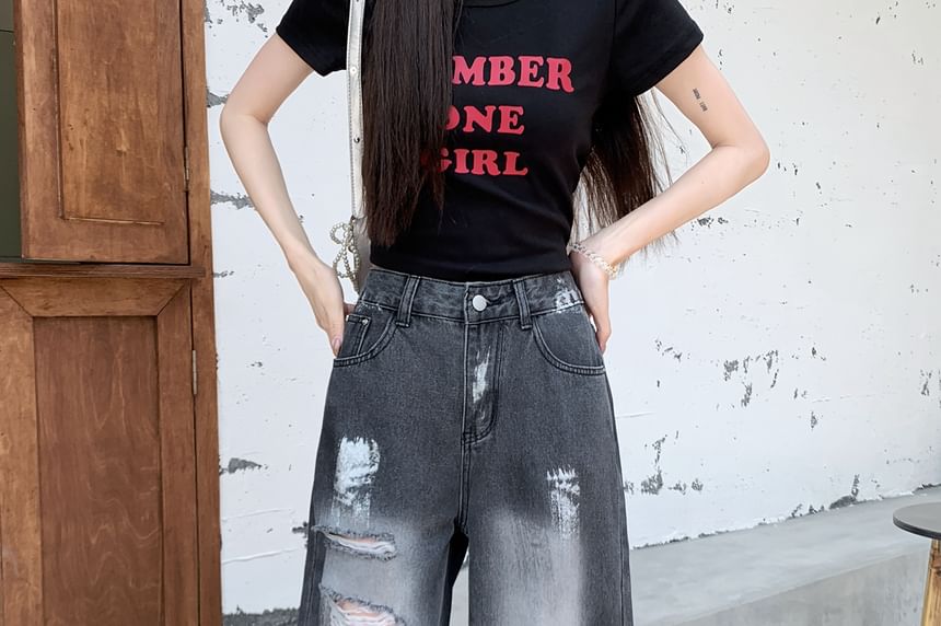 Jeans Wide Washed Print High Leg Splash Distressed Waist