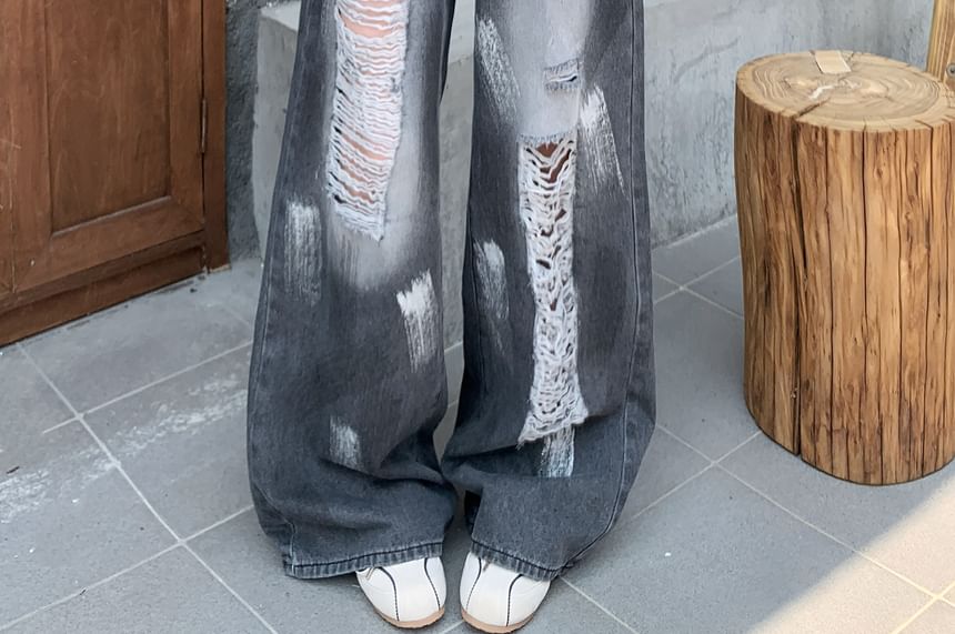 Jeans Wide Washed Print High Leg Splash Distressed Waist