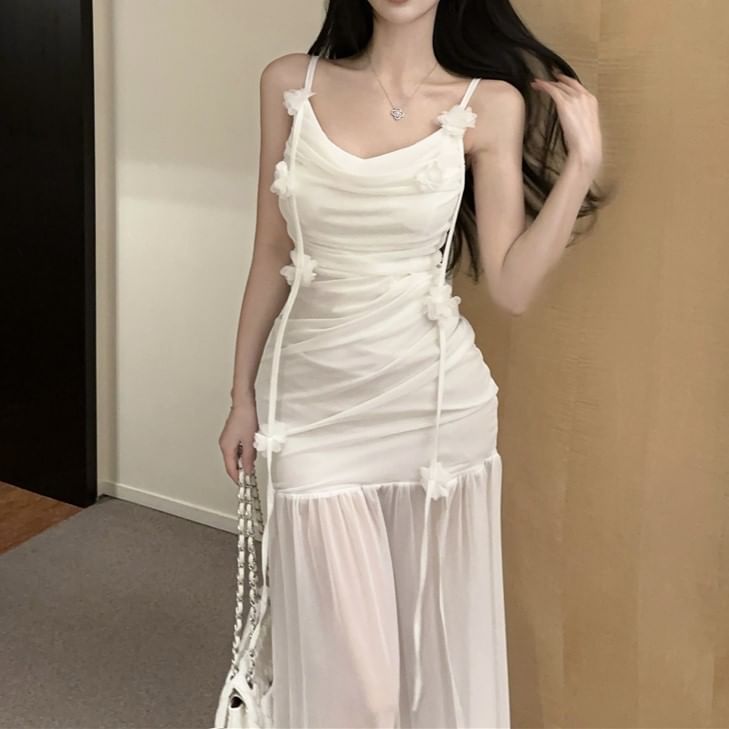 Mermaid Maxi Ruched Detail Dress Spaghetti Side-Slit Plain Strap Flower