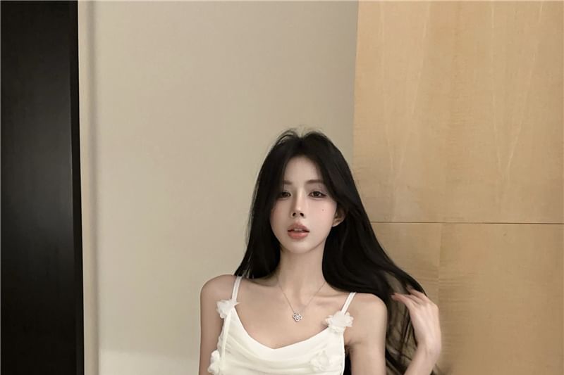 Mermaid Maxi Ruched Detail Dress Spaghetti Side-Slit Plain Strap Flower