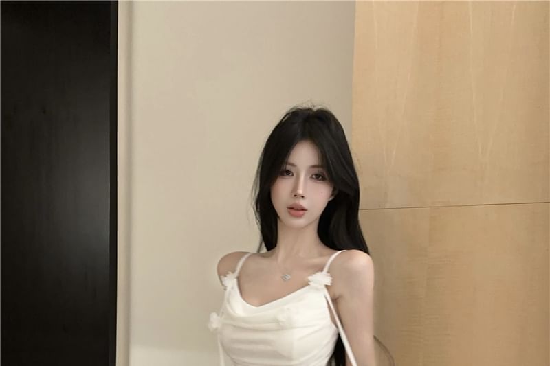 Mermaid Maxi Ruched Detail Dress Spaghetti Side-Slit Plain Strap Flower