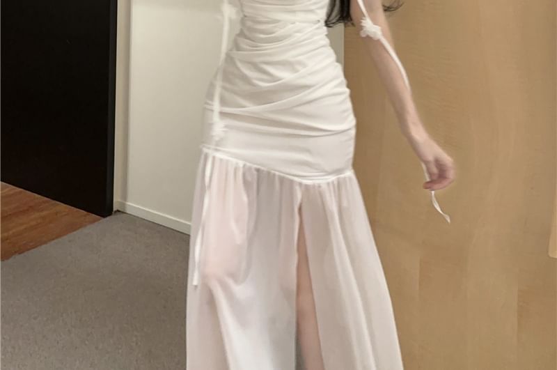 Mermaid Maxi Ruched Detail Dress Spaghetti Side-Slit Plain Strap Flower